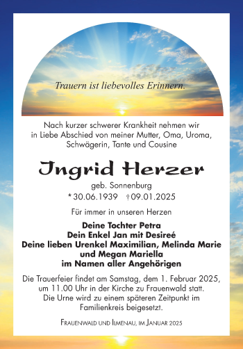 Traueranzeige von Ingrid Herzer von Südthüringer Presse