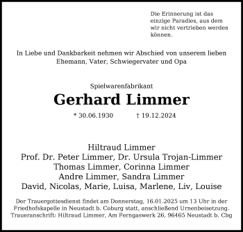 Traueranzeige von Gerhard Limmer von Neue Presse Coburg
