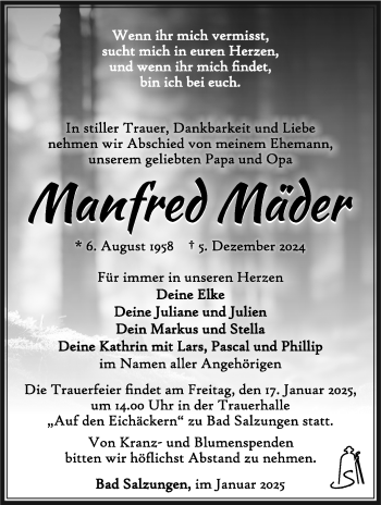 Traueranzeige von Manfred Mäder von Südthüringer Presse