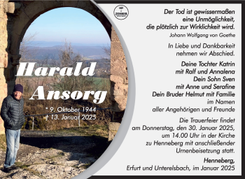Traueranzeige von Harald Ansorg von Südthüringer Presse