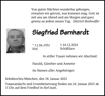 Traueranzeige von Siegfried Bernhardt von Frankenpost