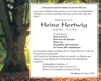 Traueranzeige von Heinz Hertwig von Südthüringer Presse