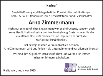 Traueranzeige von Arno Zimmermann von Südthüringer Presse