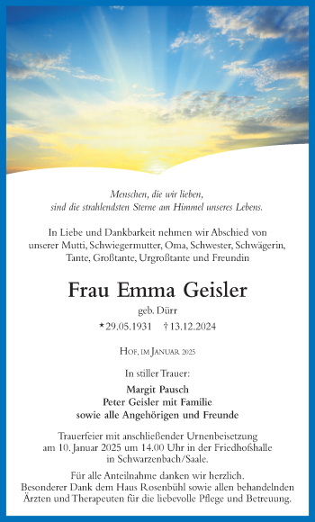 Traueranzeige von Emma Geisler von Frankenpost
