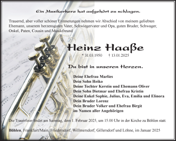 Traueranzeige von Heinz Haaße von Südthüringer Presse