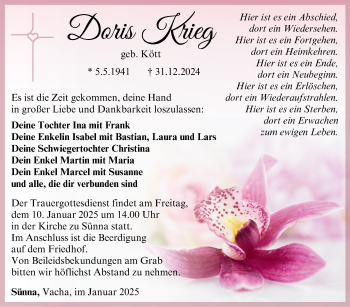 Traueranzeige von Doris Krieg von Südthüringer Presse