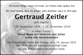 Traueranzeige von Gertraud Zeitler von Frankenpost