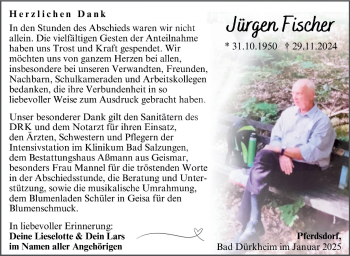 Traueranzeige von Jürgen Fischer von Südthüringer Presse