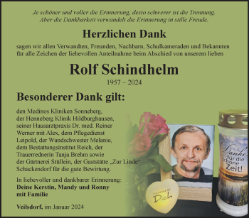 Traueranzeige von Rolf Schindhelm von Südthüringer Presse
