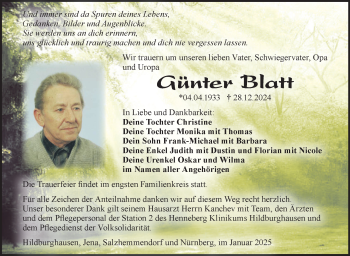 Traueranzeige von Günter Blatt von Südthüringer Presse