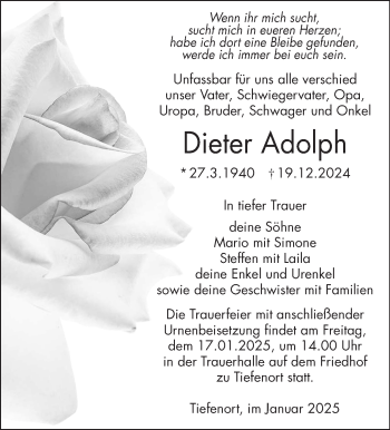 Traueranzeige von Dieter Adolph von Südthüringer Presse
