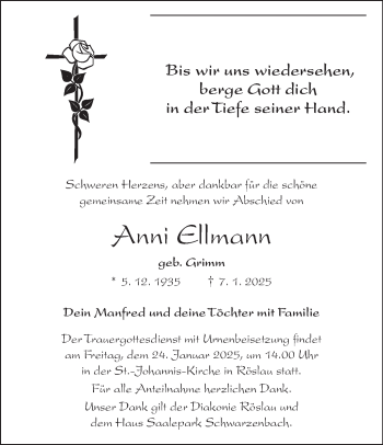 Traueranzeige von Anni Ellmann von Frankenpost