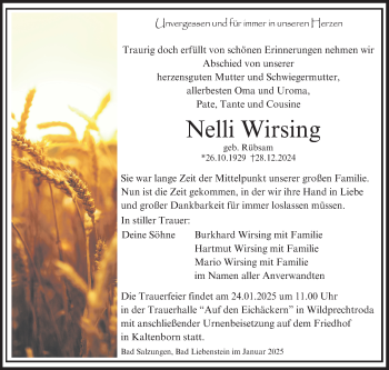 Traueranzeige von Nelli Wirsing von Südthüringer Presse