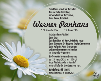 Traueranzeige von Werner Panhans von Südthüringer Presse