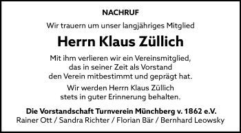 Traueranzeige von Klaus Züllich von Frankenpost