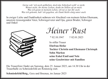 Traueranzeige von Heiner Rust von Südthüringer Presse