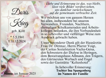 Traueranzeige von Doris Krieg von Südthüringer Presse