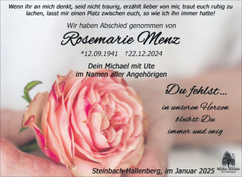 Traueranzeige von Rosemarie Menz von Südthüringer Presse