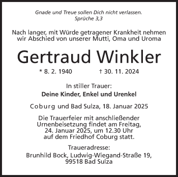 Traueranzeige von Gertraud Winkler von Neue Presse Coburg