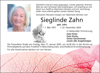Traueranzeige von Sieglinde Zahn von Frankenpost