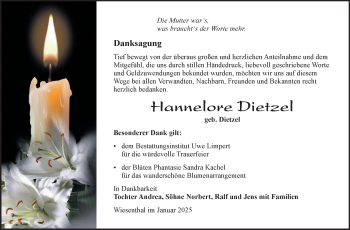 Traueranzeige von Hannelore Dietzel von Südthüringer Presse