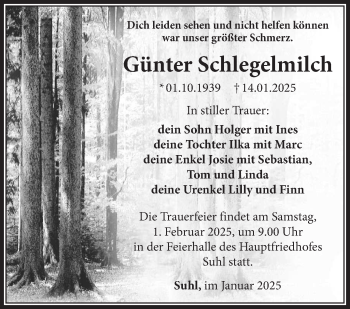Traueranzeige von Günter Schlegelmilch von Südthüringer Presse
