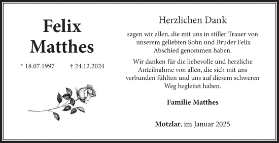 Traueranzeige von Felix Matthes von Südthüringer Presse
