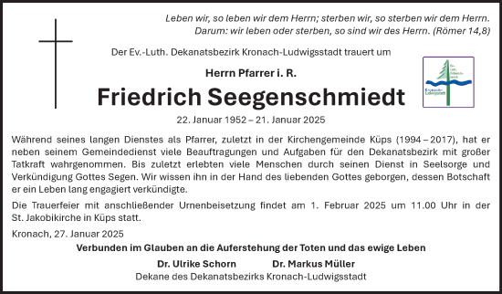 Traueranzeige von Friedrich Seegenschmiedt von Neue Presse Coburg