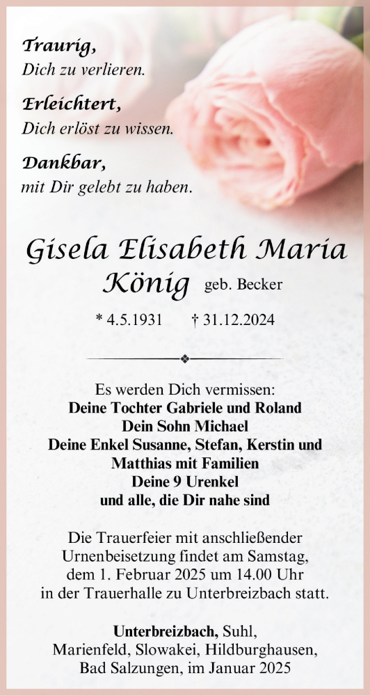 Traueranzeige von Gisela Elisabeth Maria König von Südthüringer Presse