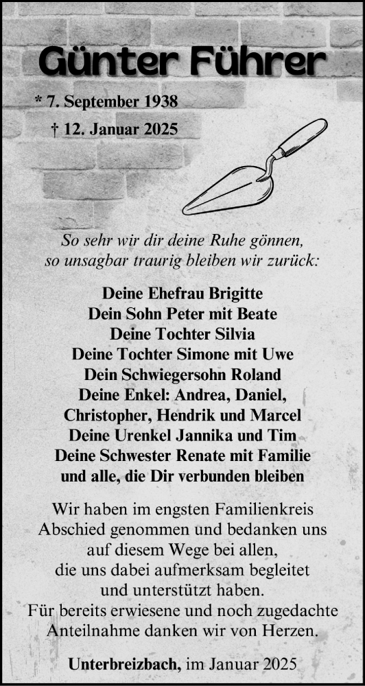 Traueranzeige von Günter Führer von Südthüringer Presse