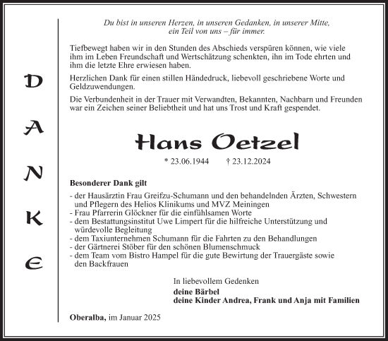 Traueranzeige von Hans Oetzel von Südthüringer Presse