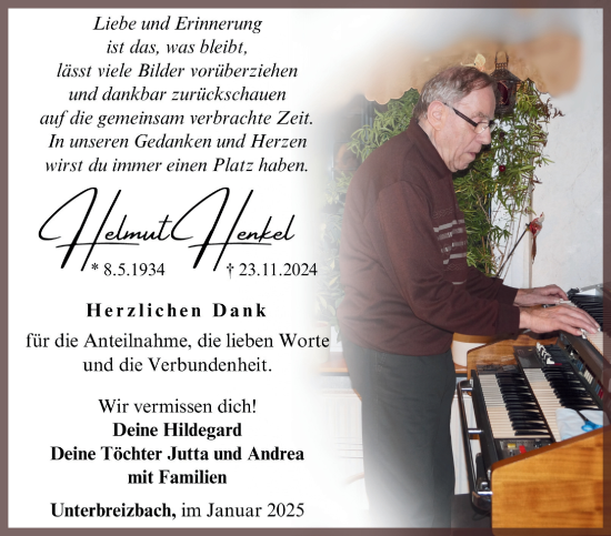 Traueranzeige von Helmut Henkel von Südthüringer Presse