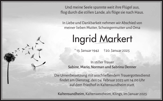Traueranzeige von Ingrid Markert von Südthüringer Presse