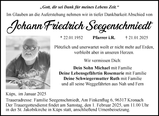 Traueranzeige von Johann Friedrich Seegenschmiedt von Neue Presse Coburg