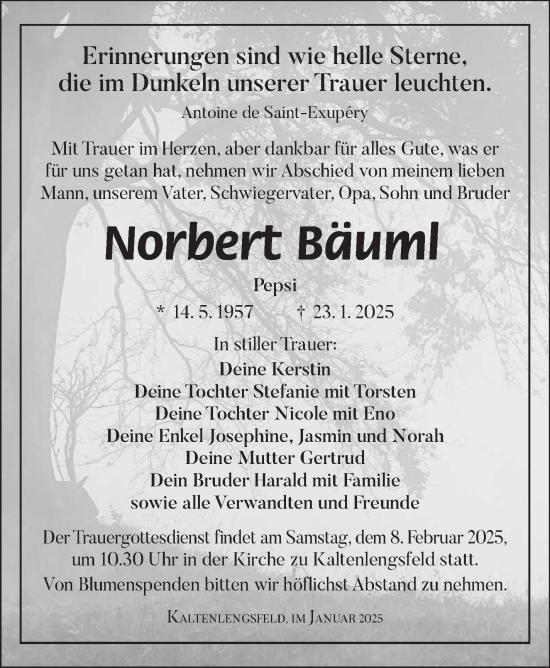 Traueranzeige von Norbert Bäuml von Südthüringer Presse