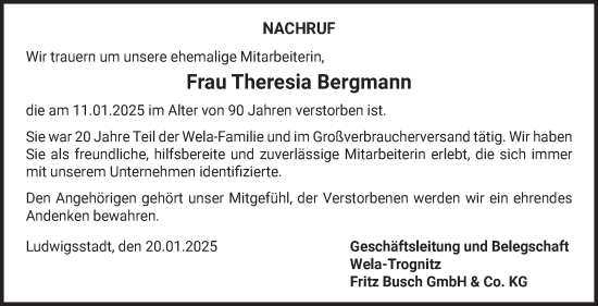 Traueranzeige von Theresia Bergmann von Neue Presse Coburg