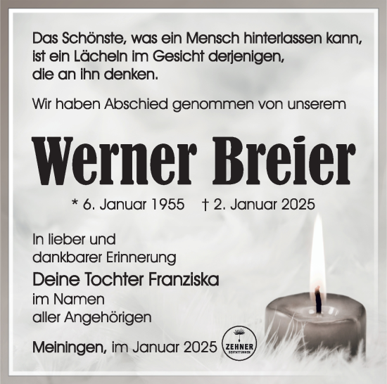 Traueranzeige von Werner Breier von Südthüringer Presse