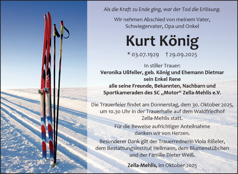  Traueranzeige für Kurt König vom 18.10.2025 aus Südthüringer Presse