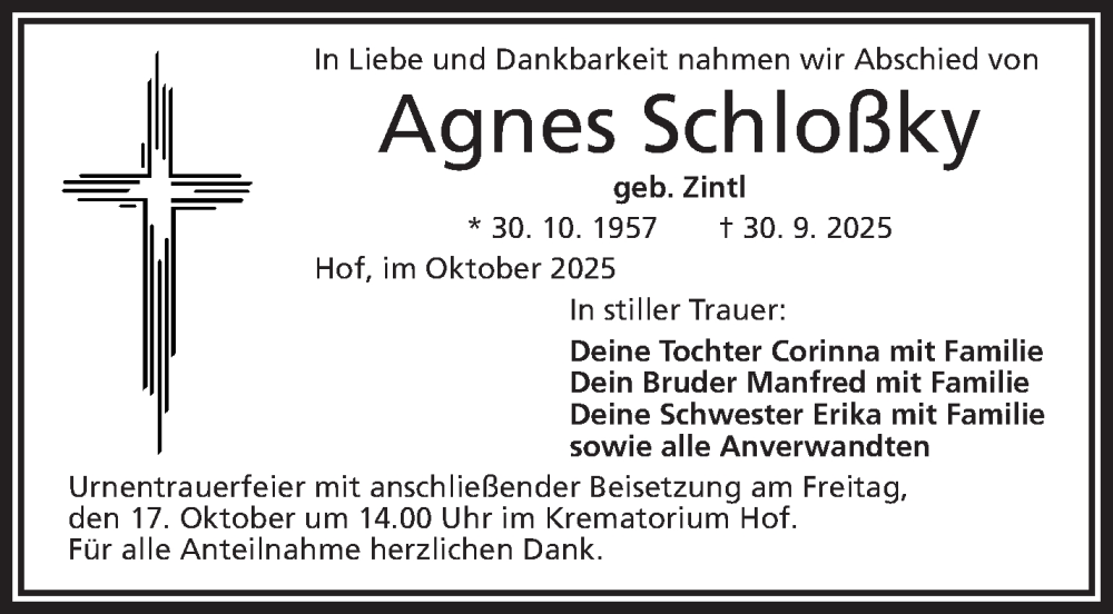  Traueranzeige für Agnes Schloßky vom 11.10.2025 aus Frankenpost