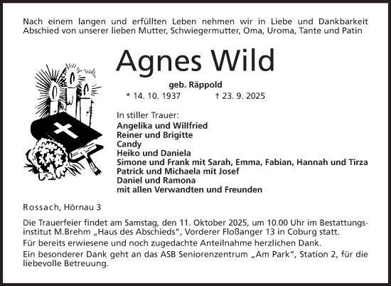 Traueranzeige von Agnes Wild von Neue Presse Coburg