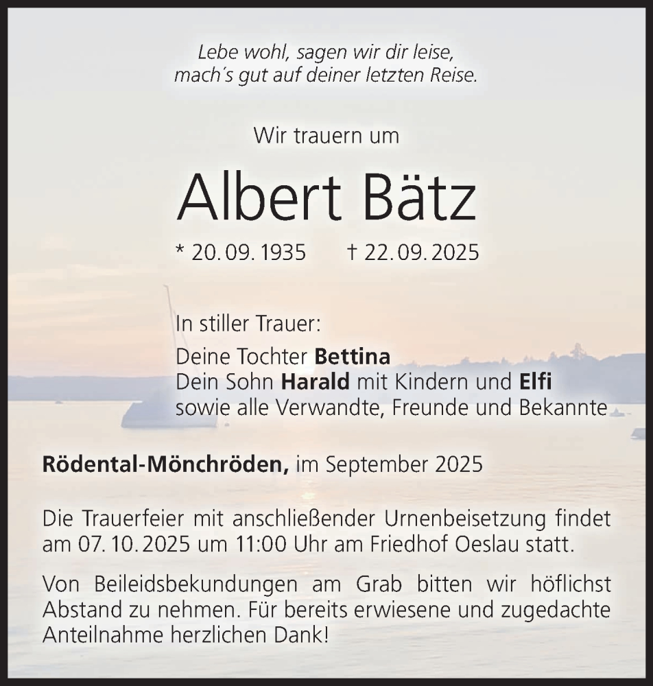  Traueranzeige für Albert Bätz vom 04.10.2025 aus Neue Presse Coburg
