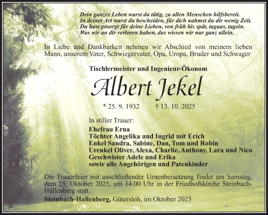 Traueranzeige von Albert Jekel von Südthüringer Presse