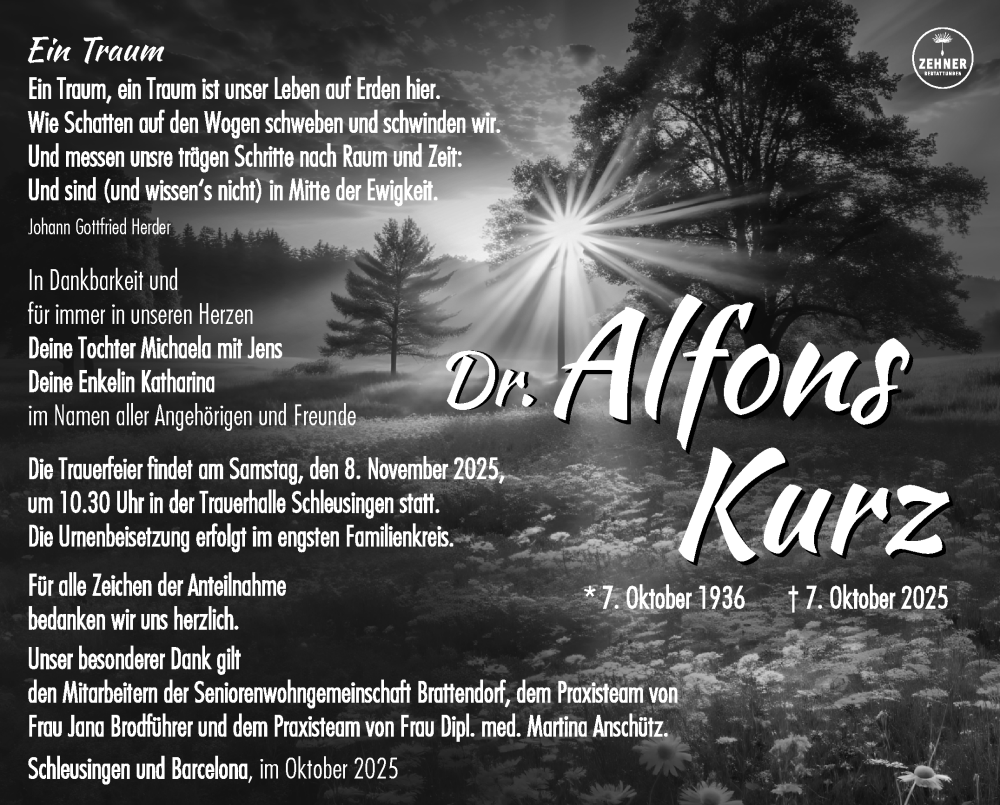  Traueranzeige für Alfons Kurz vom 25.10.2025 aus Südthüringer Presse