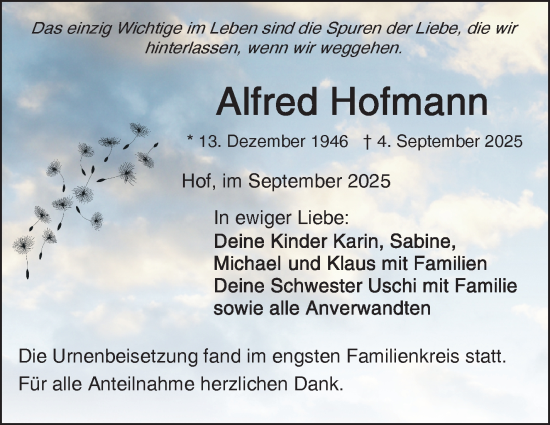 Traueranzeige von Alfred Hofmann von Frankenpost
