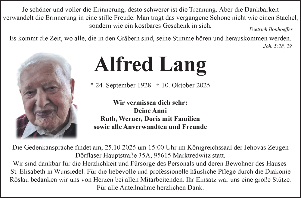  Traueranzeige für Alfred Lang vom 22.10.2025 aus Frankenpost