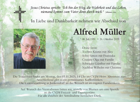 Traueranzeige von Alfred Müller von Neue Presse Coburg