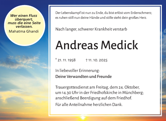 Traueranzeige von Andreas Medick von Frankenpost