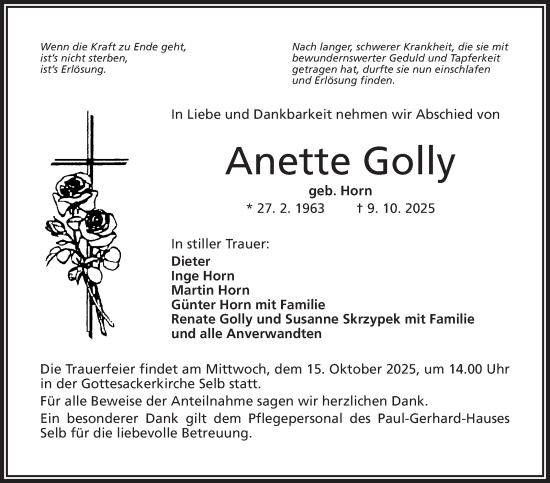 Traueranzeige von Anette Golly von Frankenpost