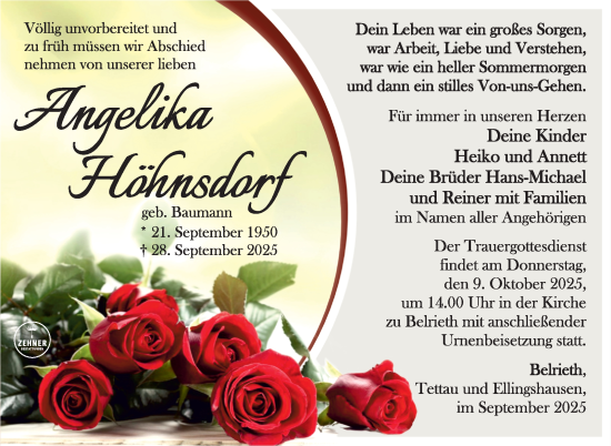 Traueranzeige von Angelika Höhnsdorf von Südthüringer Presse