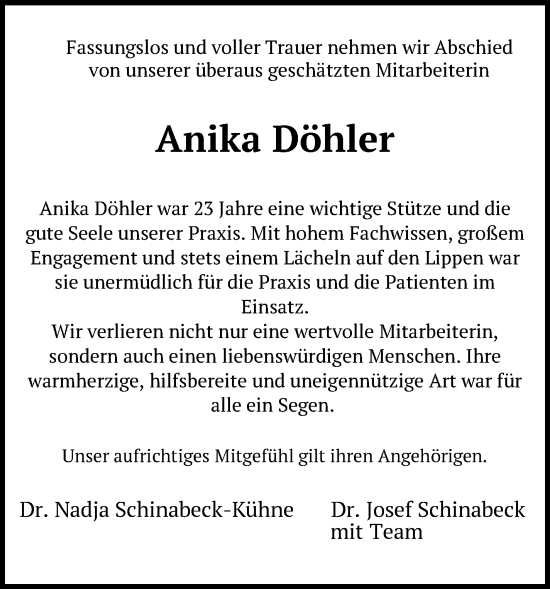 Traueranzeige von Anika Döhler von Frankenpost